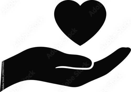 A stylized black silhouette of a human hand gently cradles a prominent black heart shape, symbolizing care, love, and support.