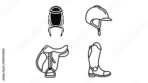 Equestrian Equipment: A detailed illustration of equestrian gear, including a bridle, helmet, saddle, and riding boot, perfectly designed for horse riding.