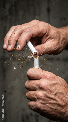 Hands breaking a cigarette with tobacco scattering, against a textured dark background, symbolizing quitting smoking and health awareness, broken