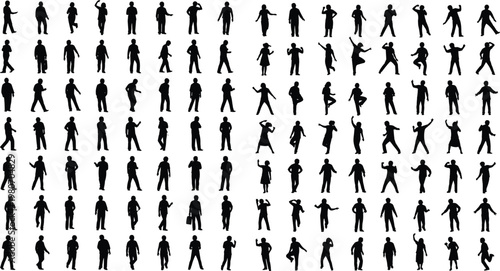 People silhouettes mega set, men women various poses collection, standing walking dancing figures, isolated black silhouettes, lifestyle activity concept illustration