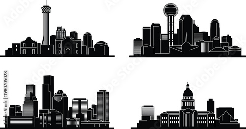 Texas City Skyline Silhouette Collection Featuring Dallas Houston San Antonio and Austin Landmark Architecture Isolated on White Background for Graphic Design