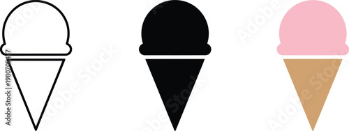 Three distinct representations of ice cream cones, including a line drawing, a solid black silhouette, and a colored version with pink ice cream, are presented on a clean white background.