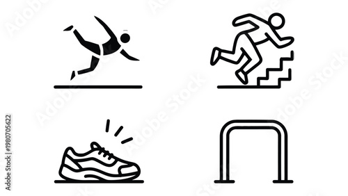 Injury Prevention: A concise illustration showcasing symbols for fall, running, tripping and a hurdle representing cautionary actions to reduce hazards.