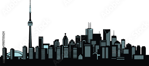 Toronto City Skyline Silhouette Featuring CN Tower and Rogers Centre, Canadian Urban Landscape Vector for Travel, Tourism, and North American Architecture