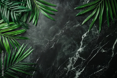 Green palm leaves framing dark elegant marble texture, copy space
