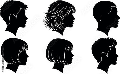 Set of male and female profile silhouettes with different hairstyles vector illustration for beauty salon barbershop and hair styling concepts.