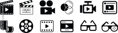Diverse Set of Black and White Icons Related to Filmmaking and Video Production movie