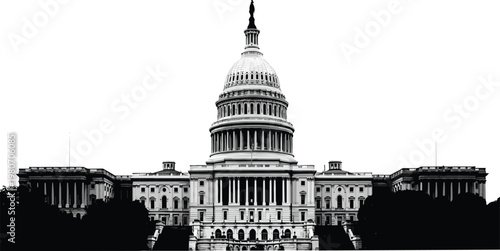 United States Capitol building in Washington DC with dome and neoclassical architecture isolated on white background for American government politics design.