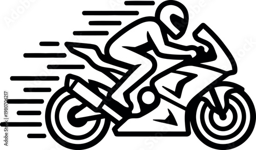 Motorcycle rider icon, racing bike vector, speed motion graphics, black and white illustration