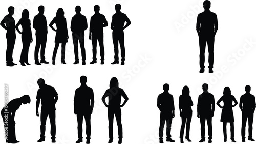 People silhouettes set, men and women standing poses collection, casual and business figures, isolated black silhouettes, lifestyle concept illustration
