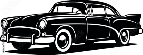 Vintage classic car vector illustration, retro 1950s american muscle car silhouette, black and white automotive icon for garage and racing logos