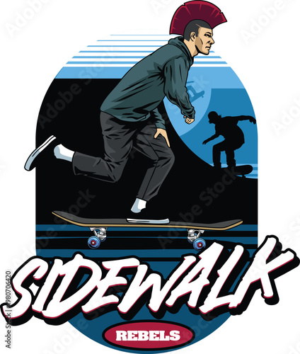 Retro sidewalk rebels skate badge featuring a punk skater with a mohawk jumping on a board