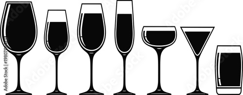 Vector Black Silhouette Set of Various Glassware Including Wine Glasses Champagne Flutes Martini and Cocktail Glasses for Bar Menu Celebration Design