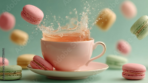 無重力のティータイム　空中に舞うマカロンと飛び散る紅茶