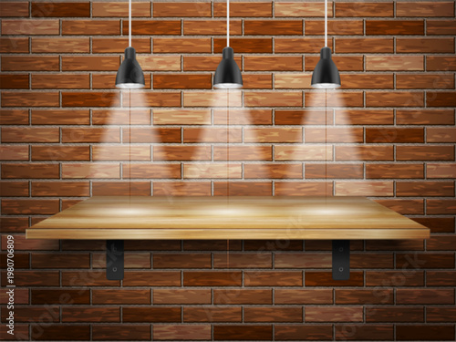 Wooden shelf and lights on brick wall