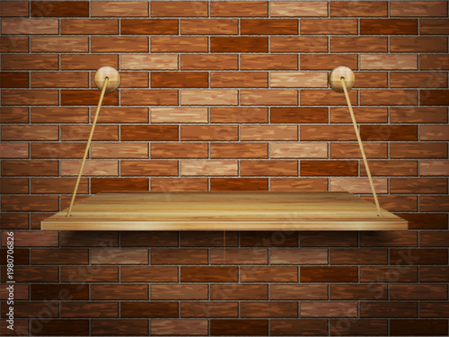 Wooden shelf on brick wall