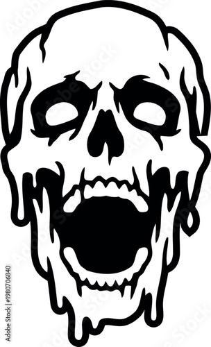 Melting skull vector illustration, dripping human cranium in black and white, spooky gothic horror skull graphic for streetwear and apparel design