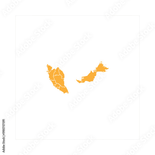 Malaysia map graphic features a vibrant orange silhouette isolated on a clean white background representing the diverse geographical regions and states of this beautiful Southeast Asian country while 