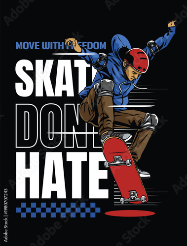 High action skater illustration performing a vertical trick with modern typography and checkered pattern