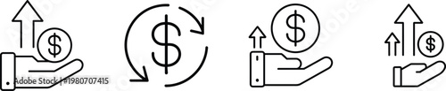 Hand holding coin with upward arrow and circular arrow money icons Keywords: finance, money, investment, growth, profit, income, currency