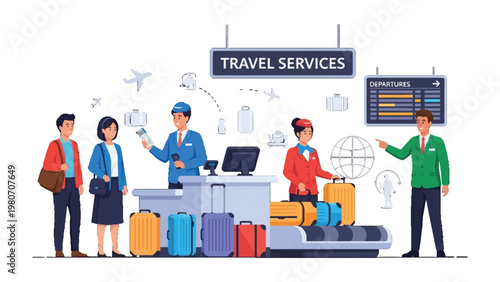 Journey Initiation: A vibrant portrayal of travel services in action, where travelers engage with staff at the check-in counter and prepare for their adventures, airport environment.