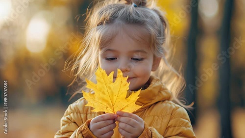 Close-up of a cheerful young girl in a yellow jacket holding a bright autumn leaf, standing outdoors in soft golden light, expressing joy, innocence, and seasonal beauty.