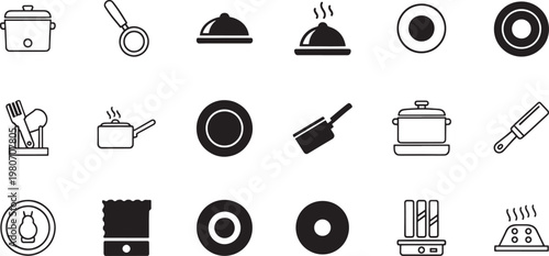 Collection of black and white kitchen utensil and cooking equipment utensils