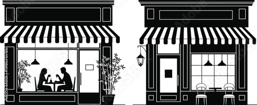 Black and white cafe storefront silhouette, restaurant facade with striped awning, couple dining inside, street view exterior vector illustration design.