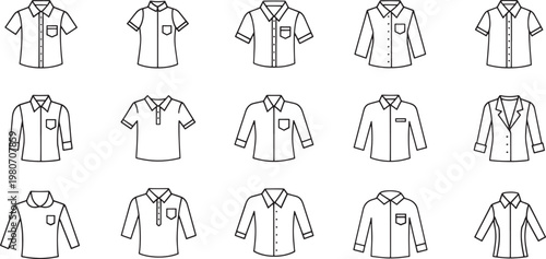 Collection of black and white line of various shirts and a blazer t-shirt polo shirt long sleeve shirt