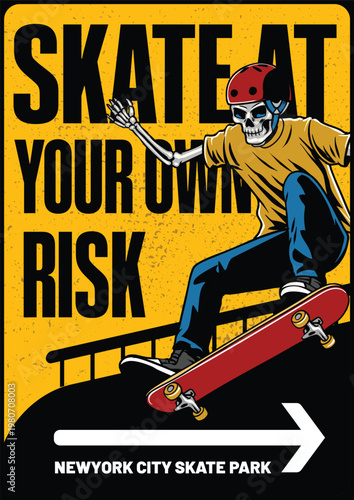 Caution sign style vintage skate poster with a skeleton skater on a rail at New York City skate park