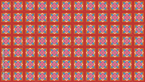 Seamless geometric pattern featuring abstract squares and diamond shapes in a vibrant, colorful mosaic design. Rich red, pink, blue, and orange tones create a cheerful and lively decorative