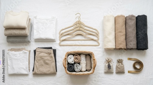 Flat lay top-down view of a capsule wardrobe arrangement on a clean white surface: folded neutral basics, a small woven storage basket, matching velvet hangers fanned out