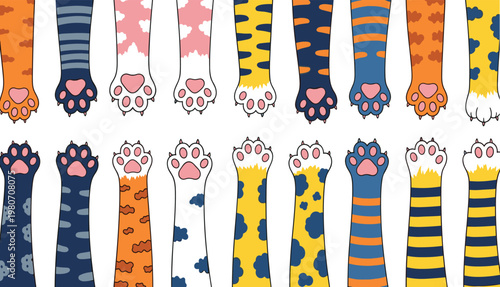 Vector illustration set of colorful cat paws and legs with various patterns, cute kitten feet, animal footprints, isolated on white,
