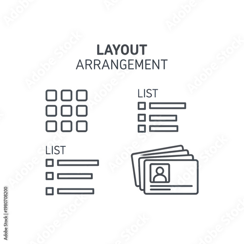 Layout arrangement sketches showing grids, lists, and card designs for interfaces.