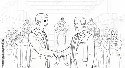 Two men shake hands, celebrating with cheering colleagues in a warehouse