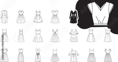 Collection of diverse dress outlines in black and white line fashion clothing apparel style