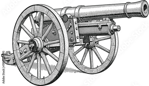 Vintage black and white engraving of a historical military cannon on a wheeled carriage used in ancient warfare and artillery battles
