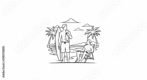 Two men on a tropical beach with palm trees and ocean
