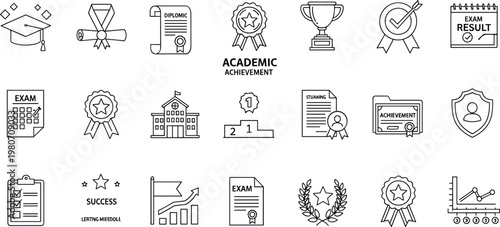 Academic achievement and certification icon set featuring diploma awards exam results university success badges education vector outline collection