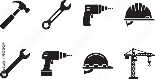 Construction and Engineering Industrial Tool Icons Set for Construction Site Management