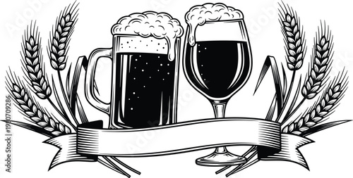 Vintage Craft Beer Illustration Featuring Glass Mug and Pint with Foam, Barley Wheat Ears, and Blank Ribbon Banner for Brewery Logo
