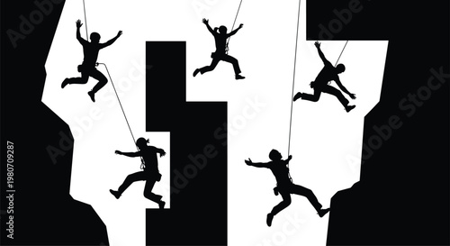 Black and white vector silhouette of active rock climbers rappelling down steep mountain cliffs, extreme outdoor adventure sports graphic illustration.