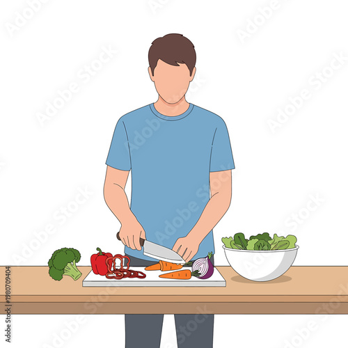 Man cutting vegetables on kitchen counter.