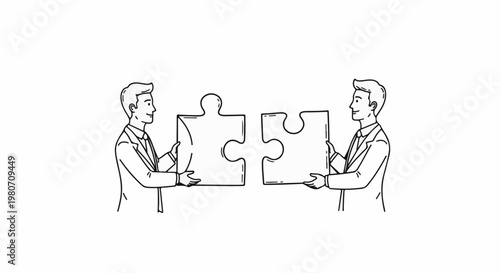 Two men in suits hold puzzle pieces, ready to connect them