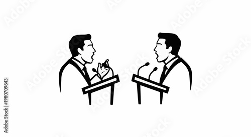 Two men in suits at podiums, facing each other, speaking into microphones