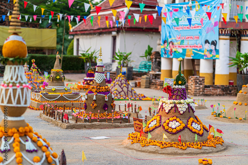 PHITSANULOK, THAILAND - April 9,2026: Thai people come to build the Sand Pagoda for return the sand to the temple on Songkran festival at Ratchaburana temple in Phitsanulok Thailand.