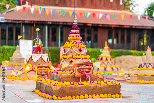 PHITSANULOK, THAILAND - April 9,2026: Thai people come to build the Sand Pagoda for return the sand to the temple on Songkran festival at Ratchaburana temple in Phitsanulok Thailand.