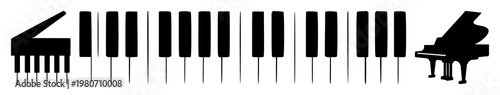 Piano keys set with silhouette design featuring black line art, musical notation, abstract patterns with illustration and vector graphics