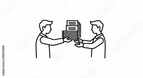 Two men in profile exchanging a stack of papers, conveying information