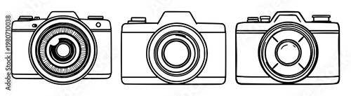 Camera shutter lens icon set with minimalist line art design featuring camera, shutter, lens with icons and illustrations